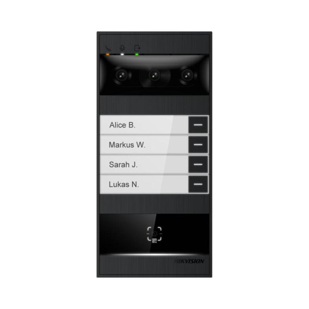 Hikvision DS-KV8114T-NWQE1 – Üç Kameralı 180° Metal IP Villa Kapı Paneli (İsim Butonlu, QR)