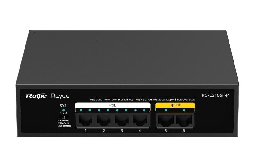 Ruijie Reyee RG-ES106F-P – 6 Port 10/100 4xPoE 54W 2xFA-Uplink Yönetilemez Switch