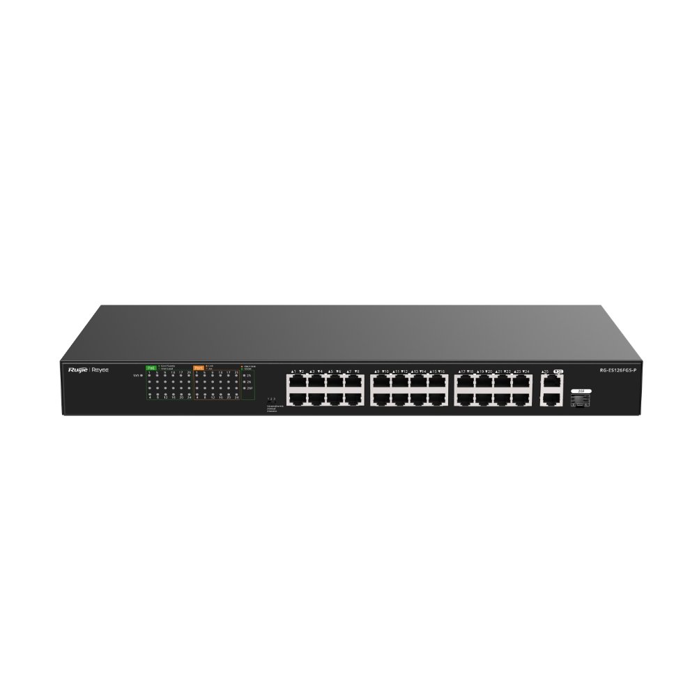 Ruijie Reyee RG-ES126FGS-P – 24 Port 10/100 24xPoE 370W 2xGE 1xCOMBO Yönetilemez Switch