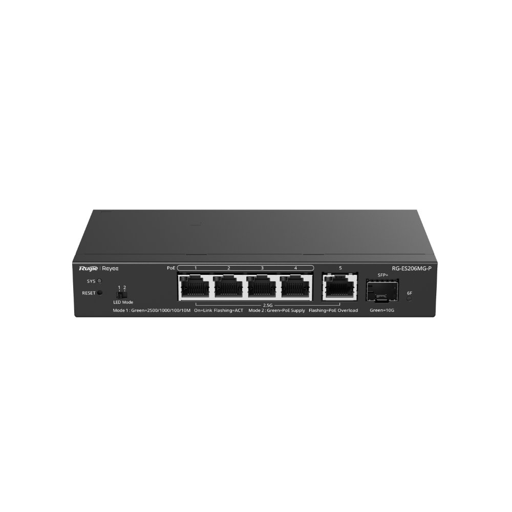 Ruijie Reyee RG-ES206MG-P – 5 Port 10/100/1000/2500 4xPoE 70W +1x10GE SFP+ Yönetilebilir Switch